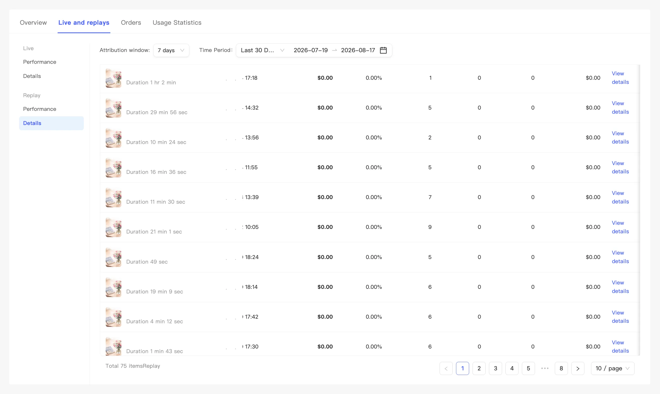 The replay Details table, where the time column is the release time