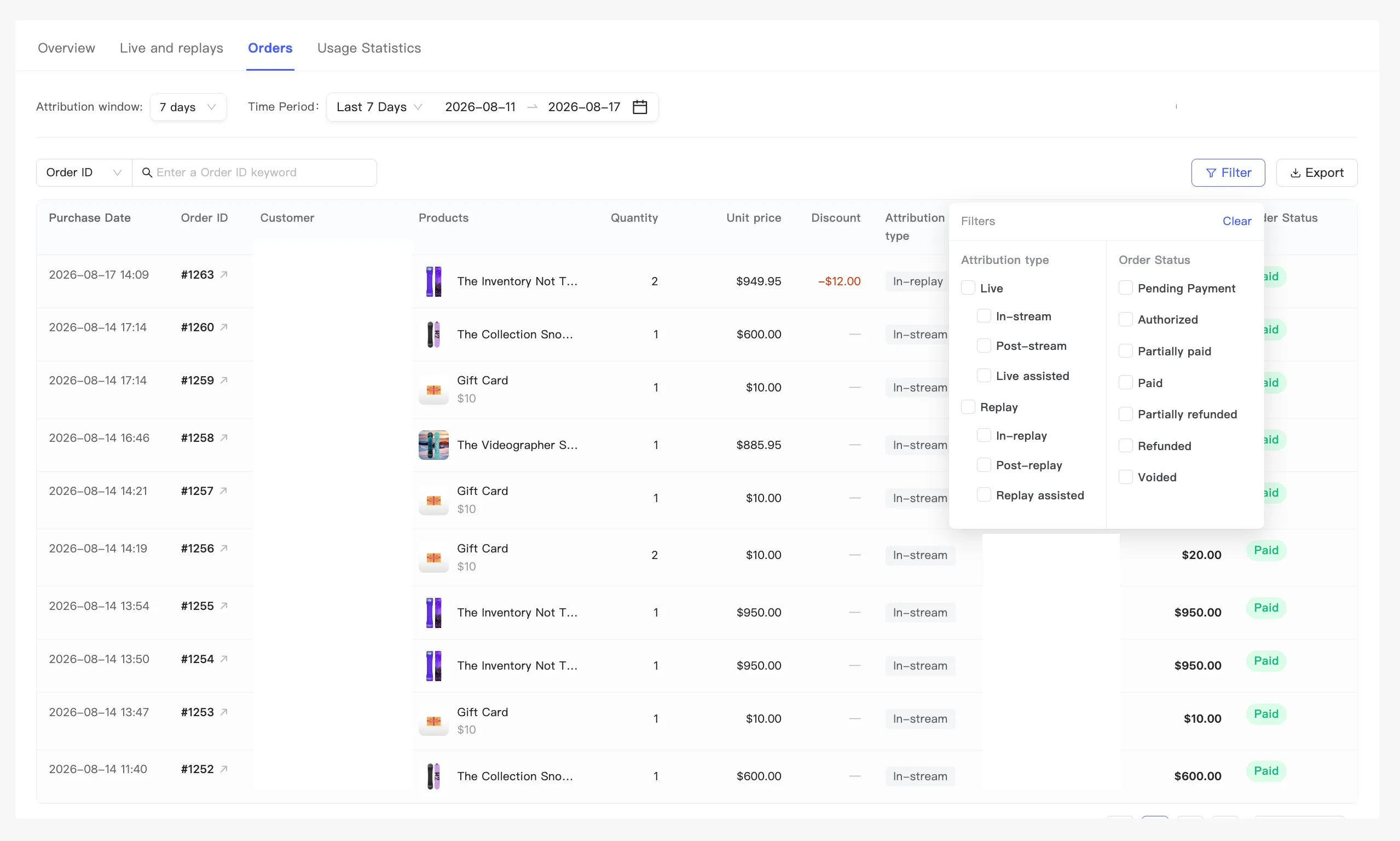 The expanded Filter panel, attribution type on the left and order status on the right