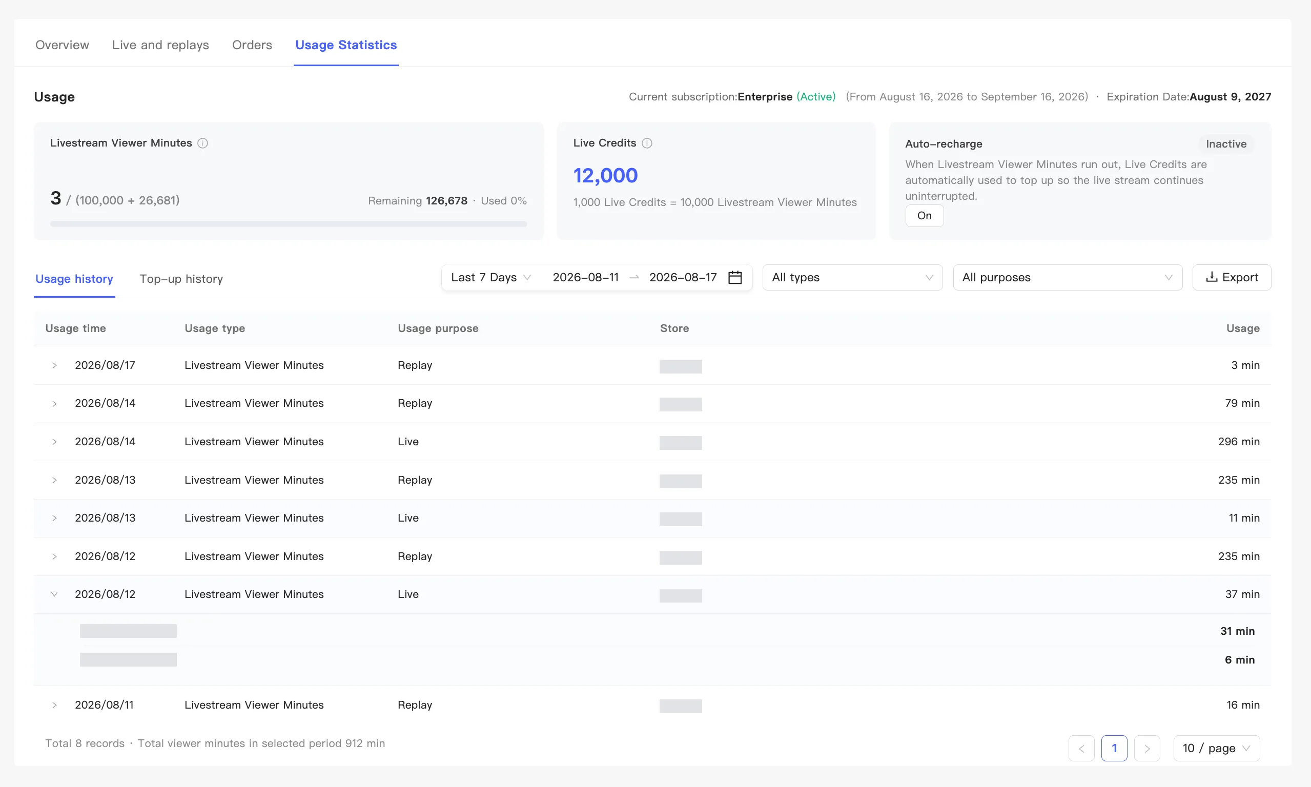 The consumption record, with a row expanded to show per-event consumption