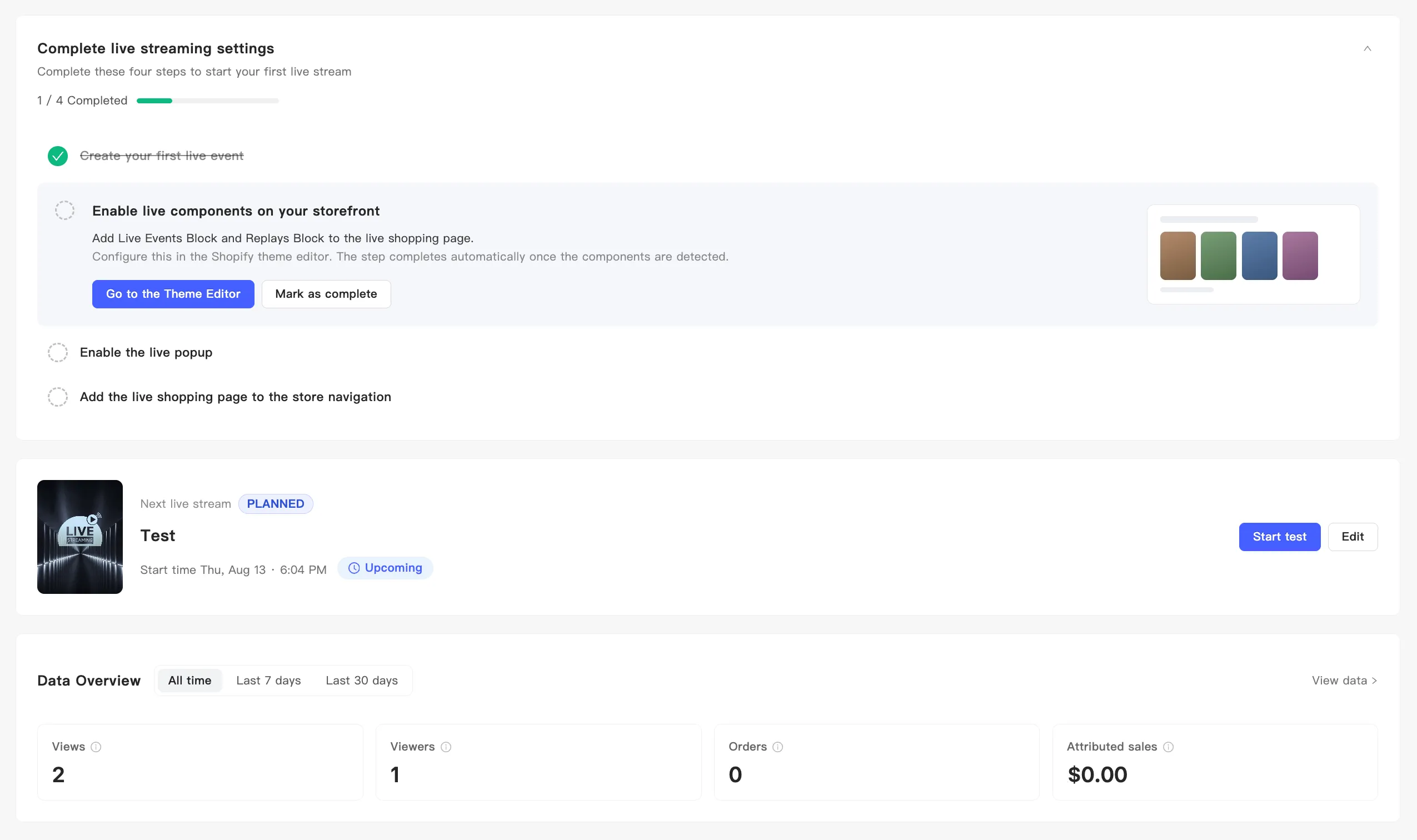 Top of the home page: setup checklist, live status card, and data overview