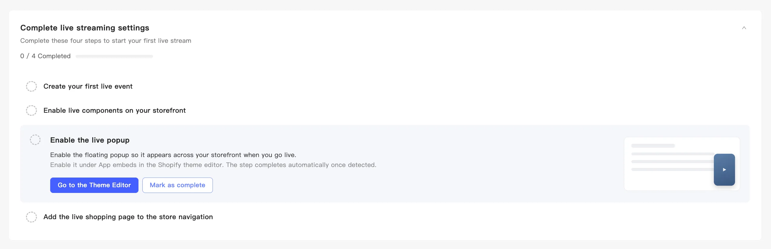 Step 3 of the setup checklist: enable the live popup