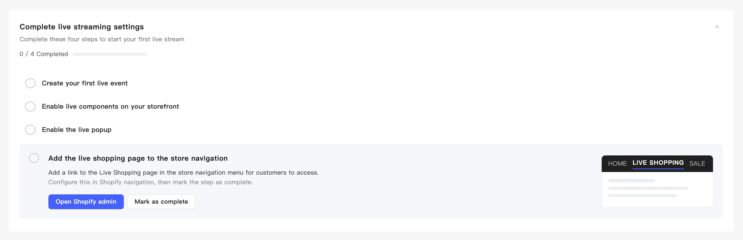 Step 4 of the setup checklist: add the live shopping page to the store navigation