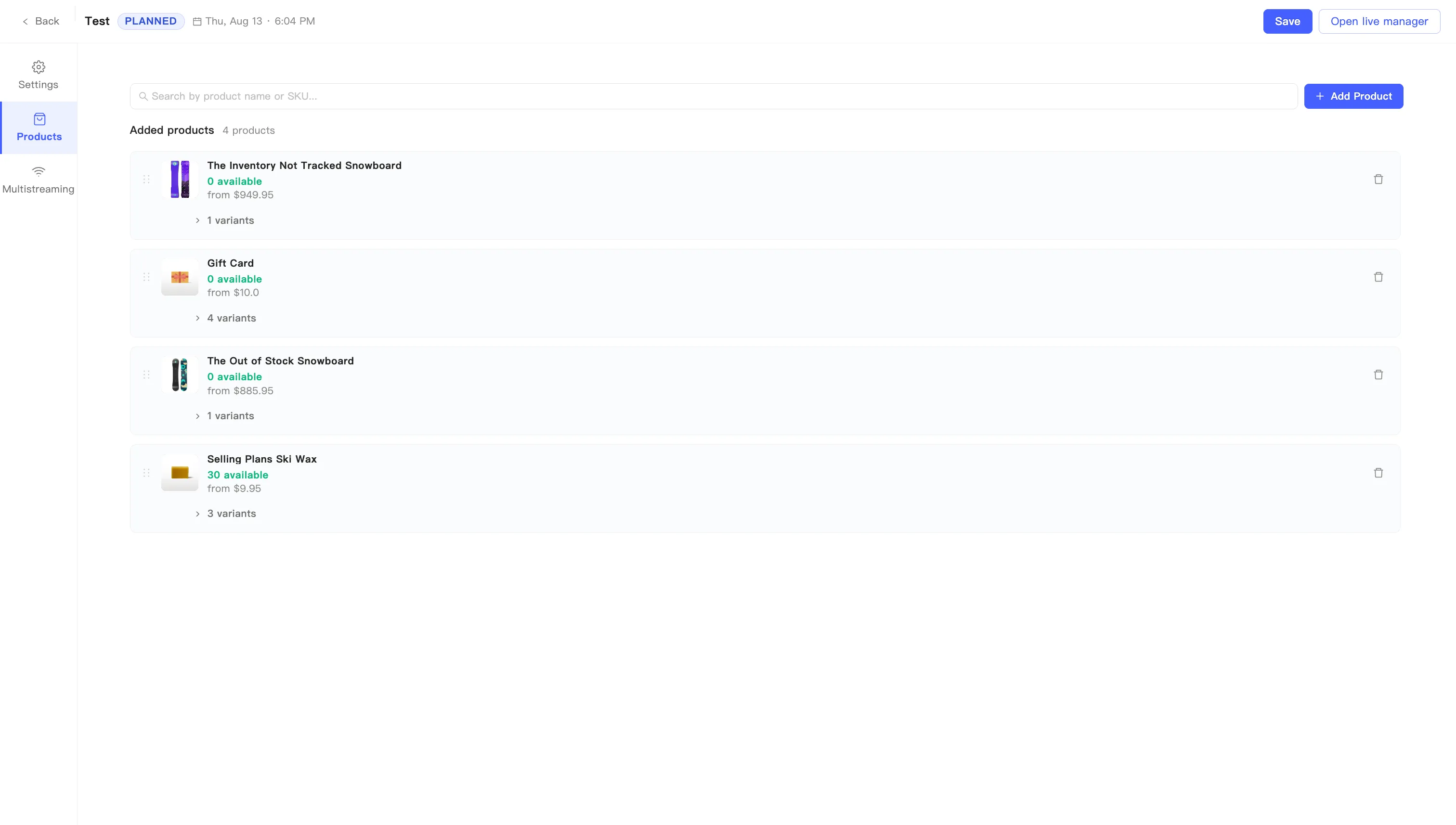 The added product list on the Products tab