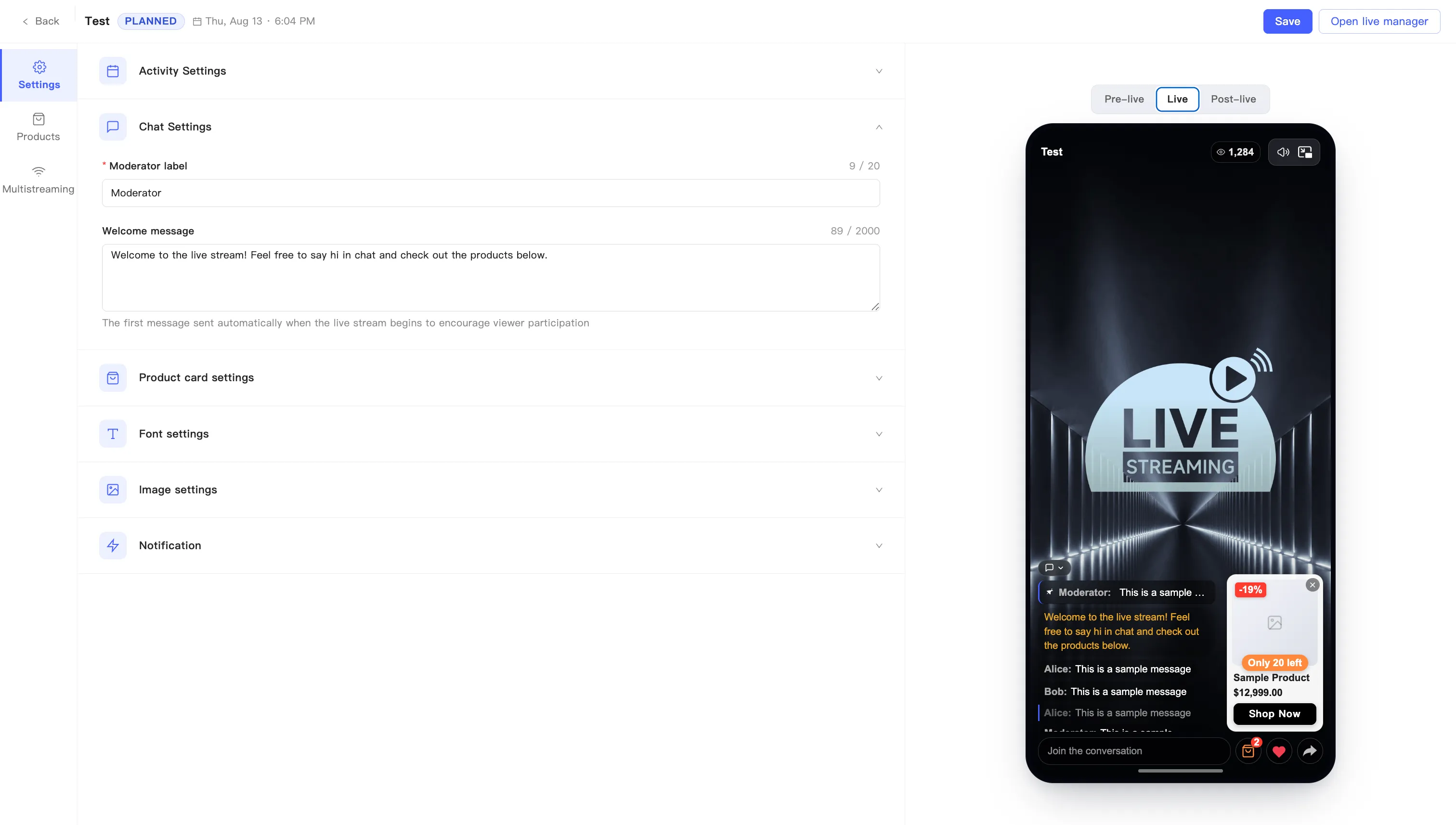 The Chat Settings group, with the host badge and opening remarks in the preview