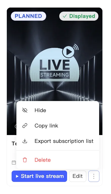 The event card menu, including Export subscription list