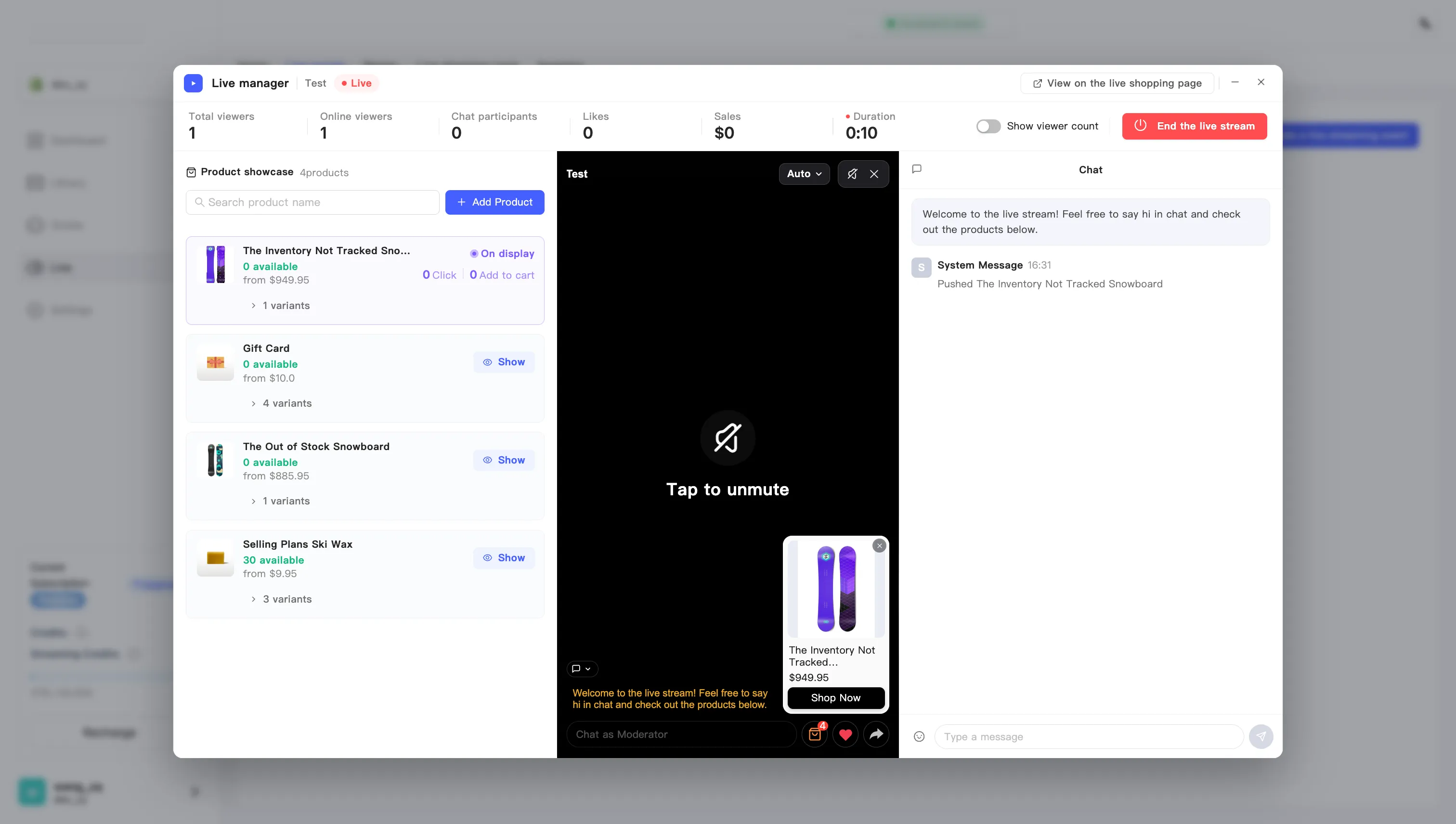 A product on display in the Product showcase panel, with live click and cart counts