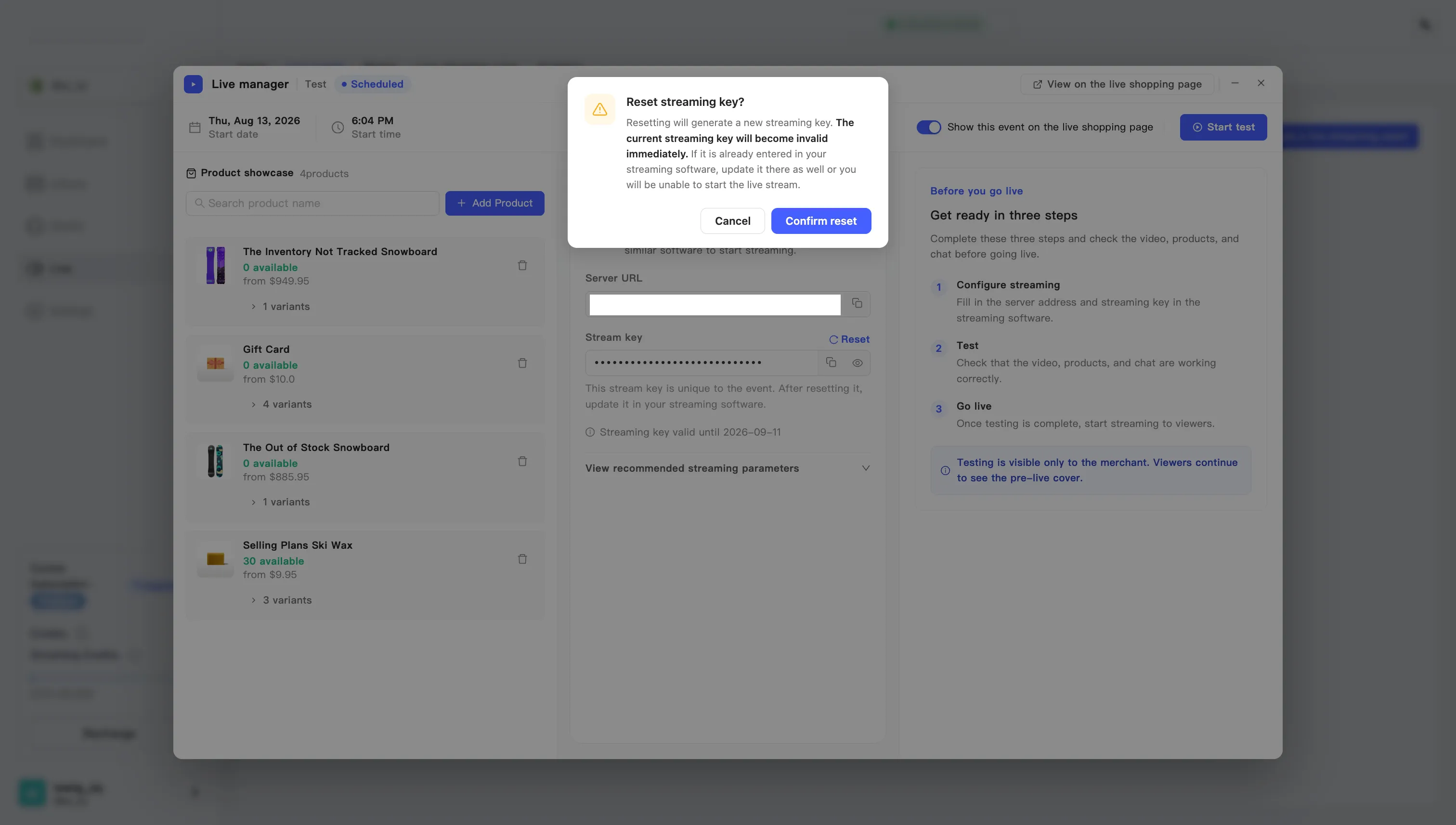 The Reset streaming key? dialog. Confirming kills the old key immediately