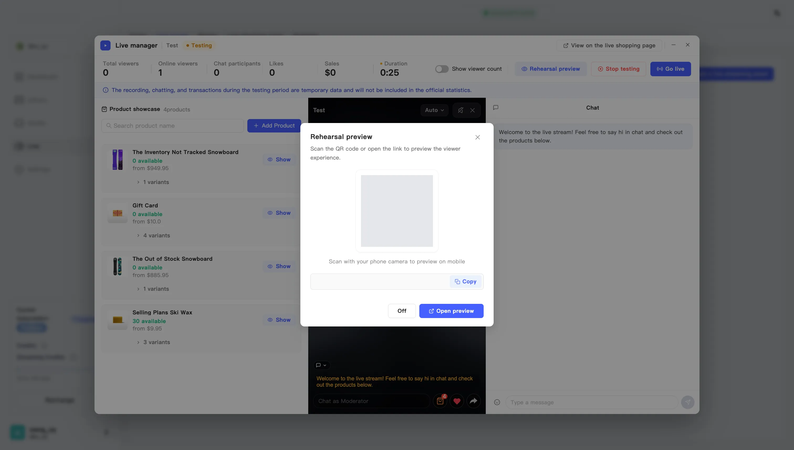 The rehearsal preview dialog with its QR code and preview link