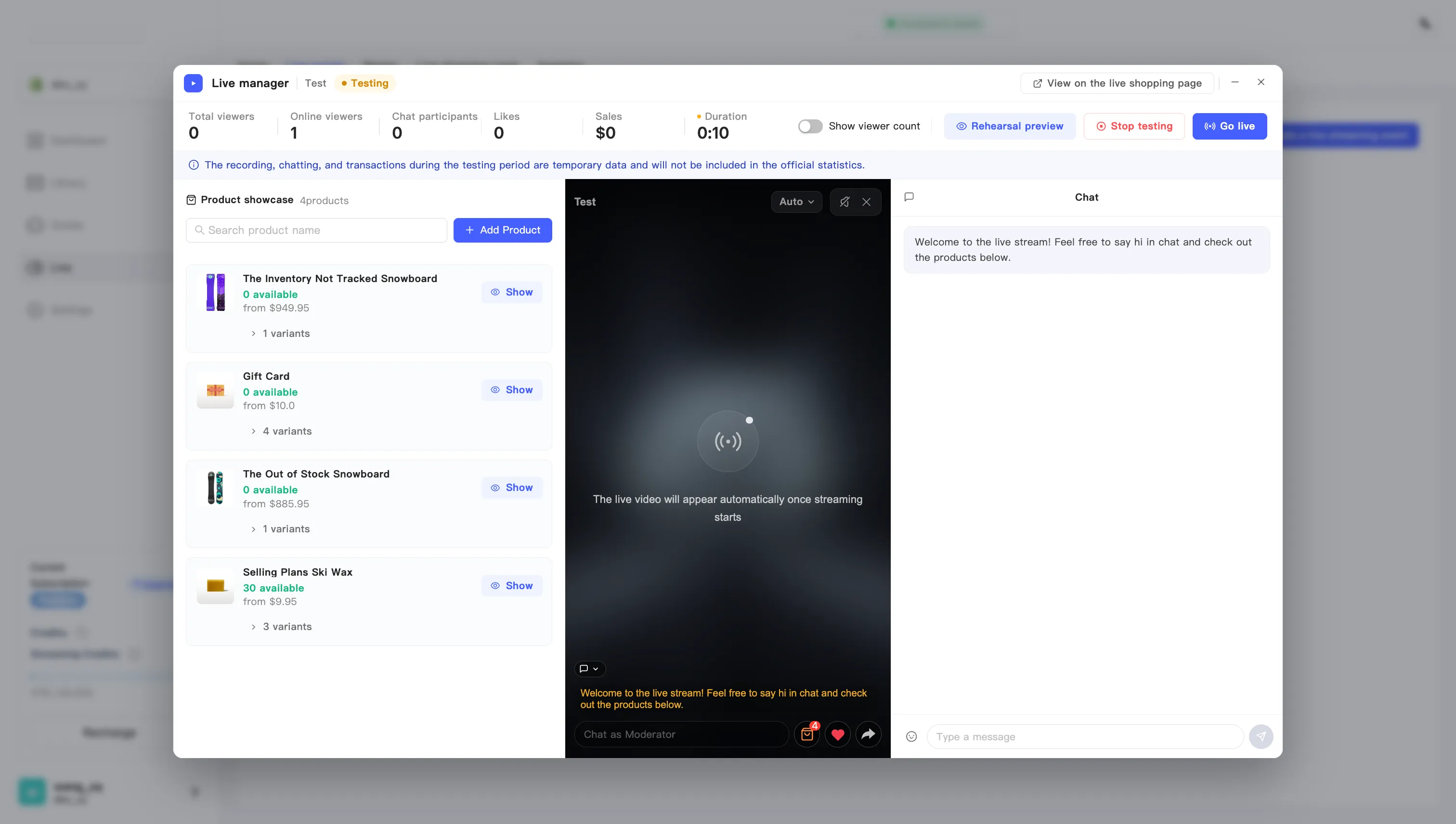 The live manager while testing, with this session’s metrics along the top