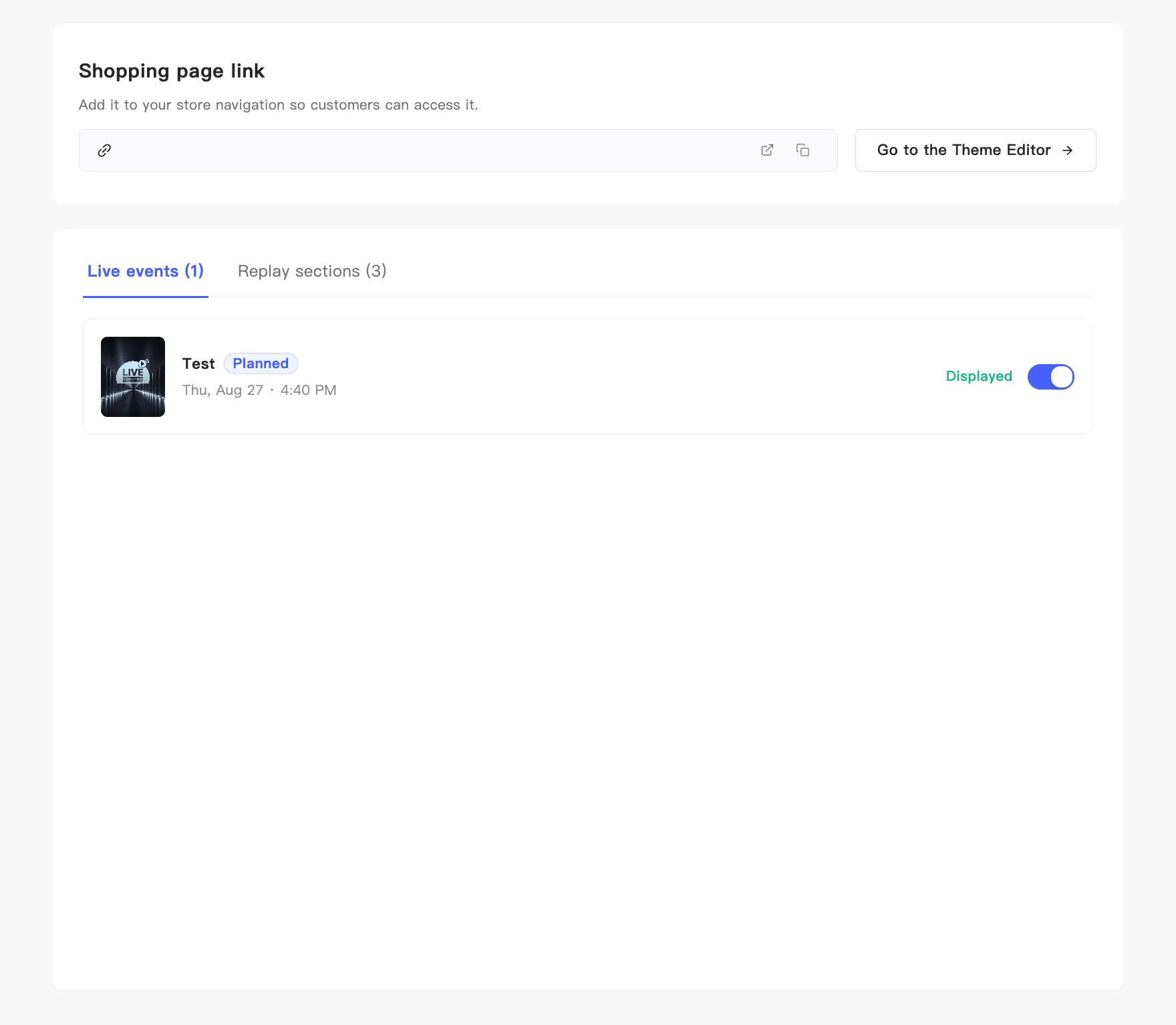 The live shopping page admin, with the shopping page link above and two tabs below