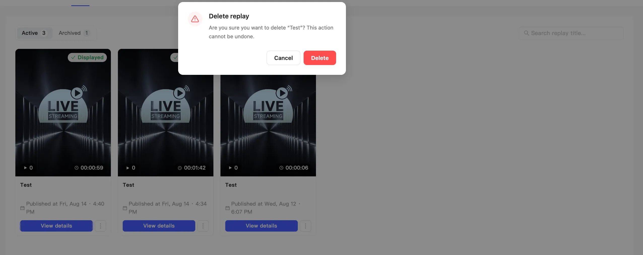 The delete confirmation dialog for a replay
