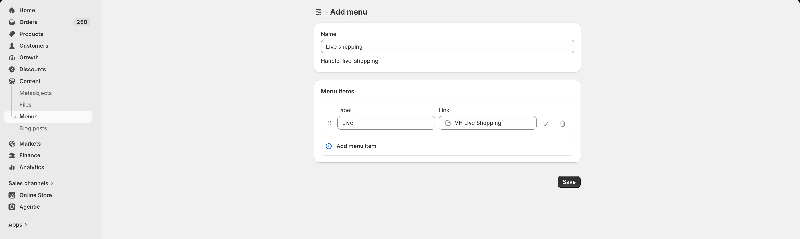 Adding a menu item linked to the live shopping page