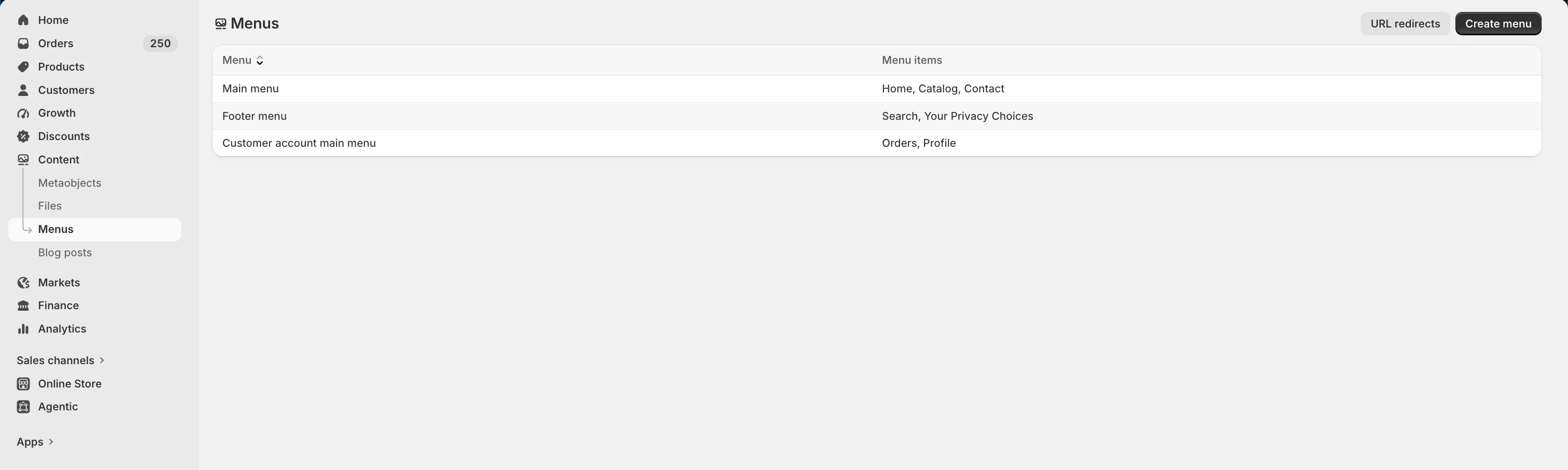 The menu list in the Shopify admin