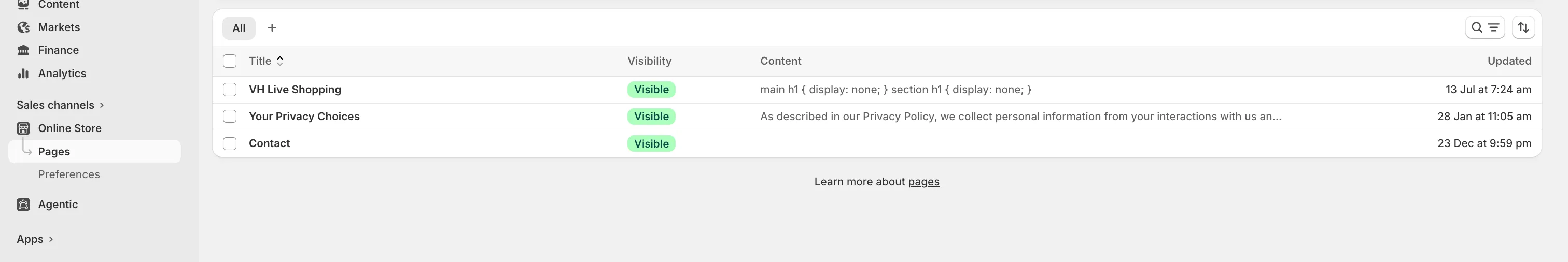 The Shopify pages list, where the live shopping page is called VH Live Shopping